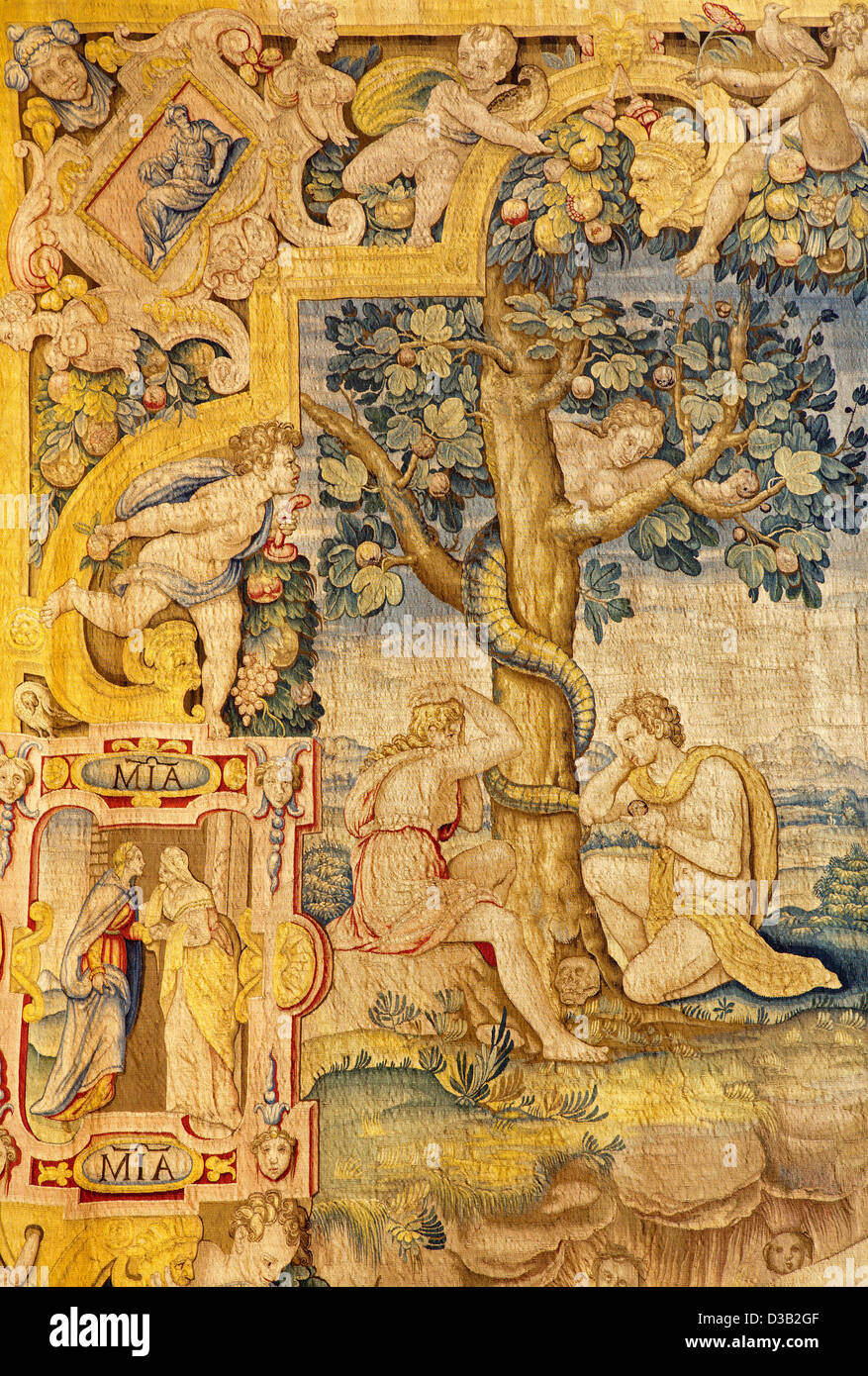 Bergamo - Adam and Eva in the Paradise. Detail from gobelin of Annunciation Stock Photo