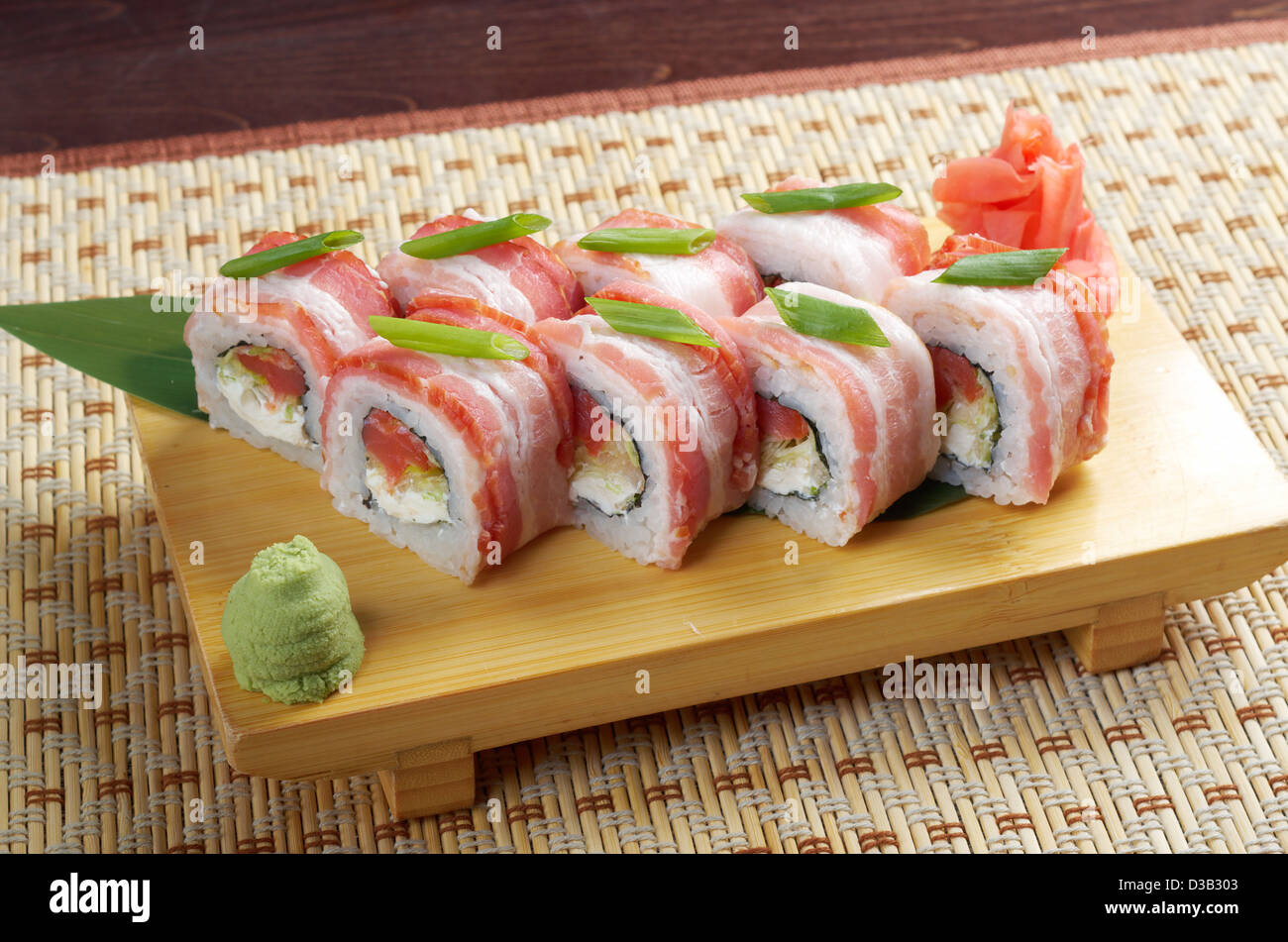 Japanese Cuisine - Sushi Roll with Bacon  Stock Photo