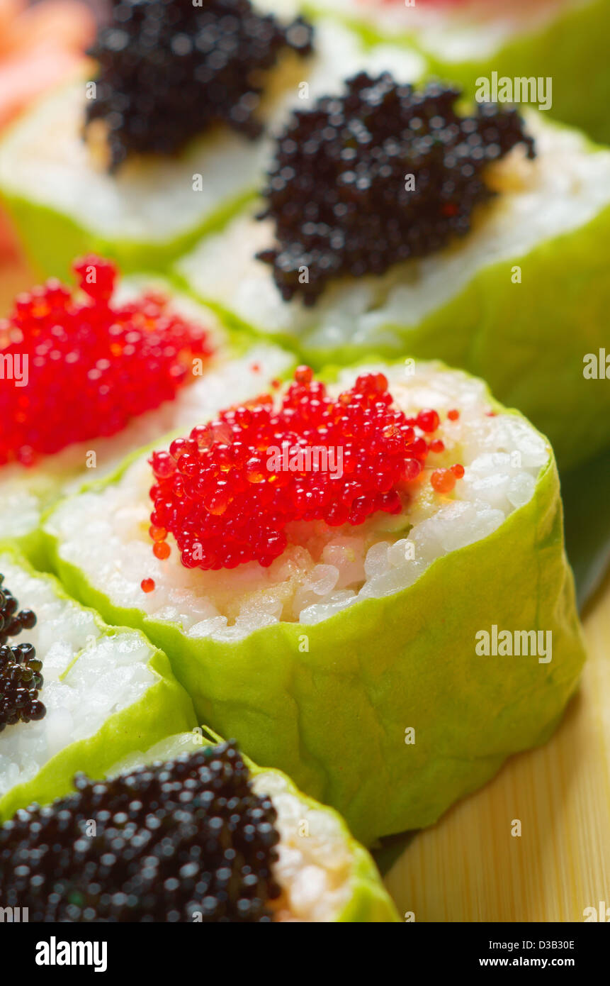 Japanese sushi . traditional japanese food.Roll made of Smoked fish and roe Stock Photo