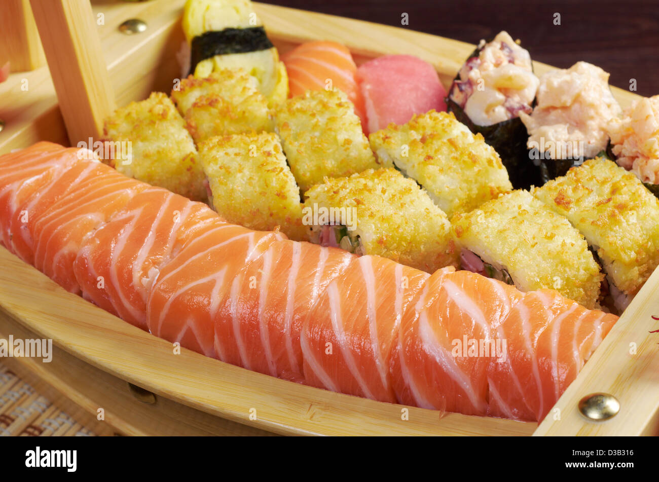 Assorted sushi Japanese food on the ship traditional japanese food. Stock Photo