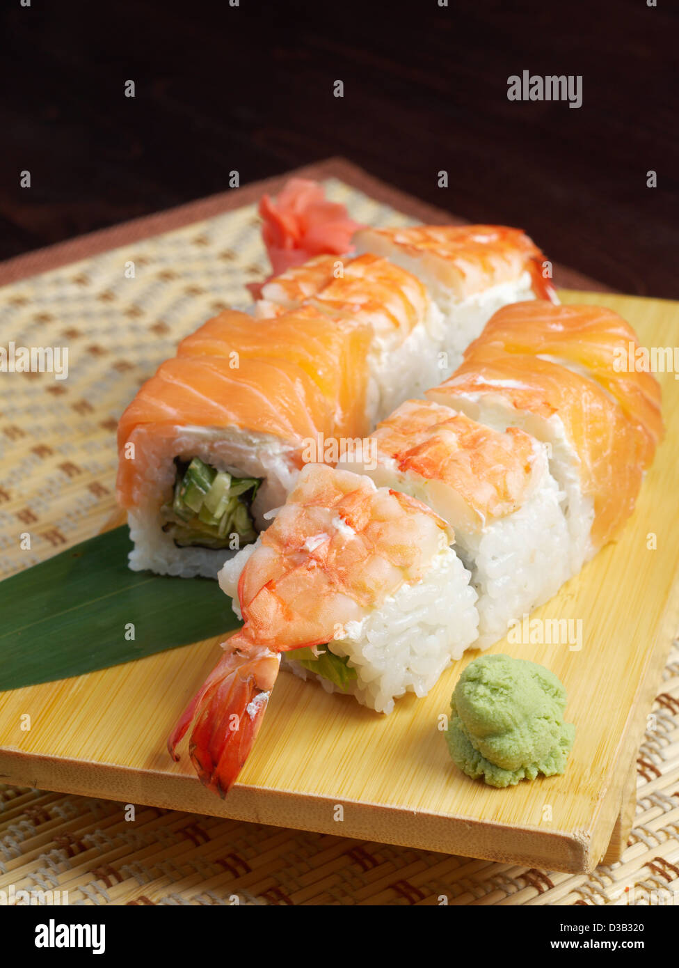 Japanese sushi . traditional japanese food.Roll made of salmon and prawn Stock Photo