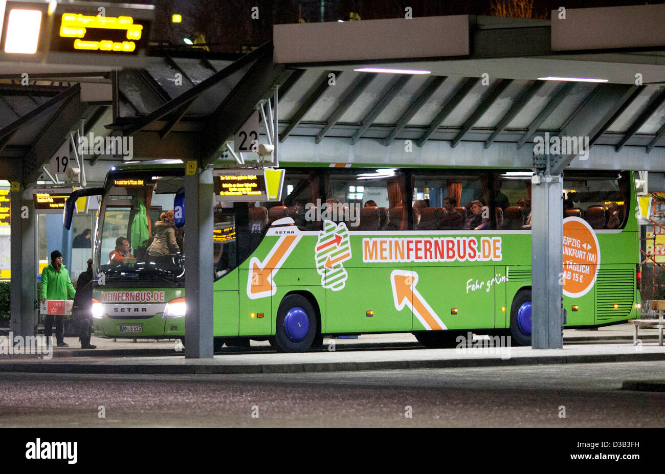 A 'Meinfernbus' long distance bus stands at the central bus station in  Berlin, Germany, 14 February 2013. The bus line introduces a new route from  Berlin via Leipzig to Frankfurt/Main. Photo: Florian