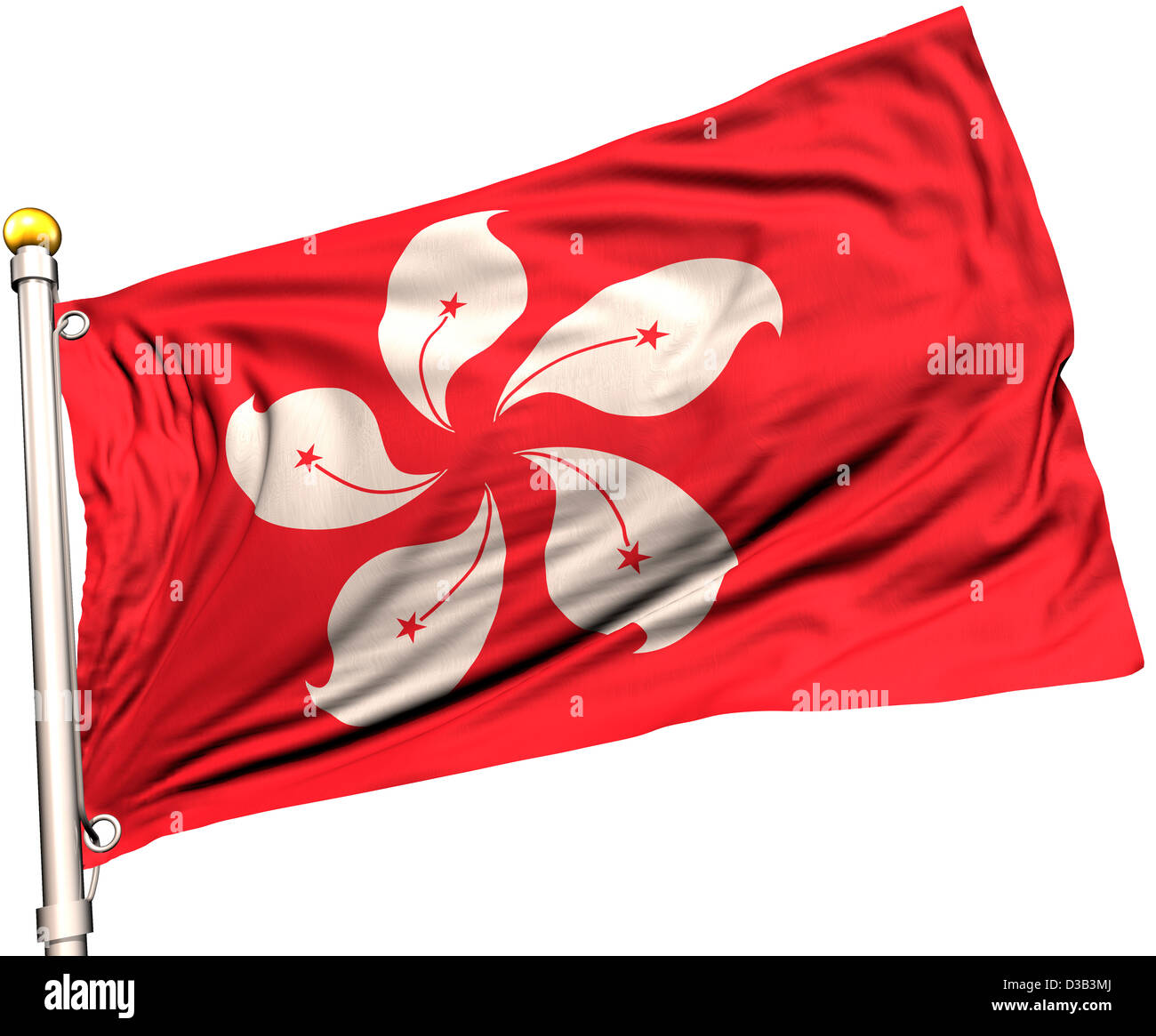 Hong Kong flag on a flag pole. Clipping path included. Silk texture visible on the flag at 100%. Stock Photo