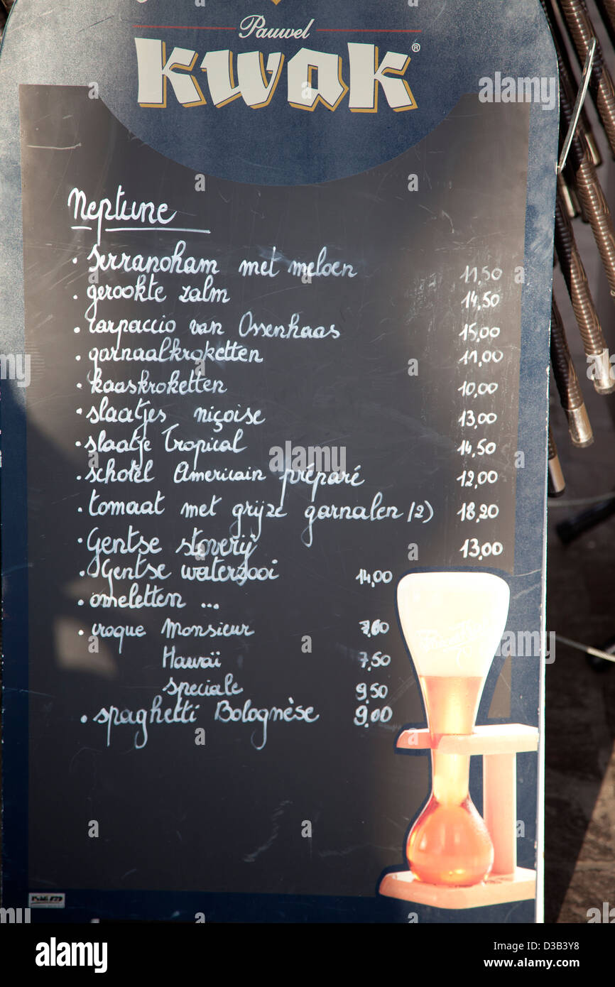 Belgium, Ghent, restaurant menu in Old Ghent with traditional trappist monk beer sign. Stock Photo