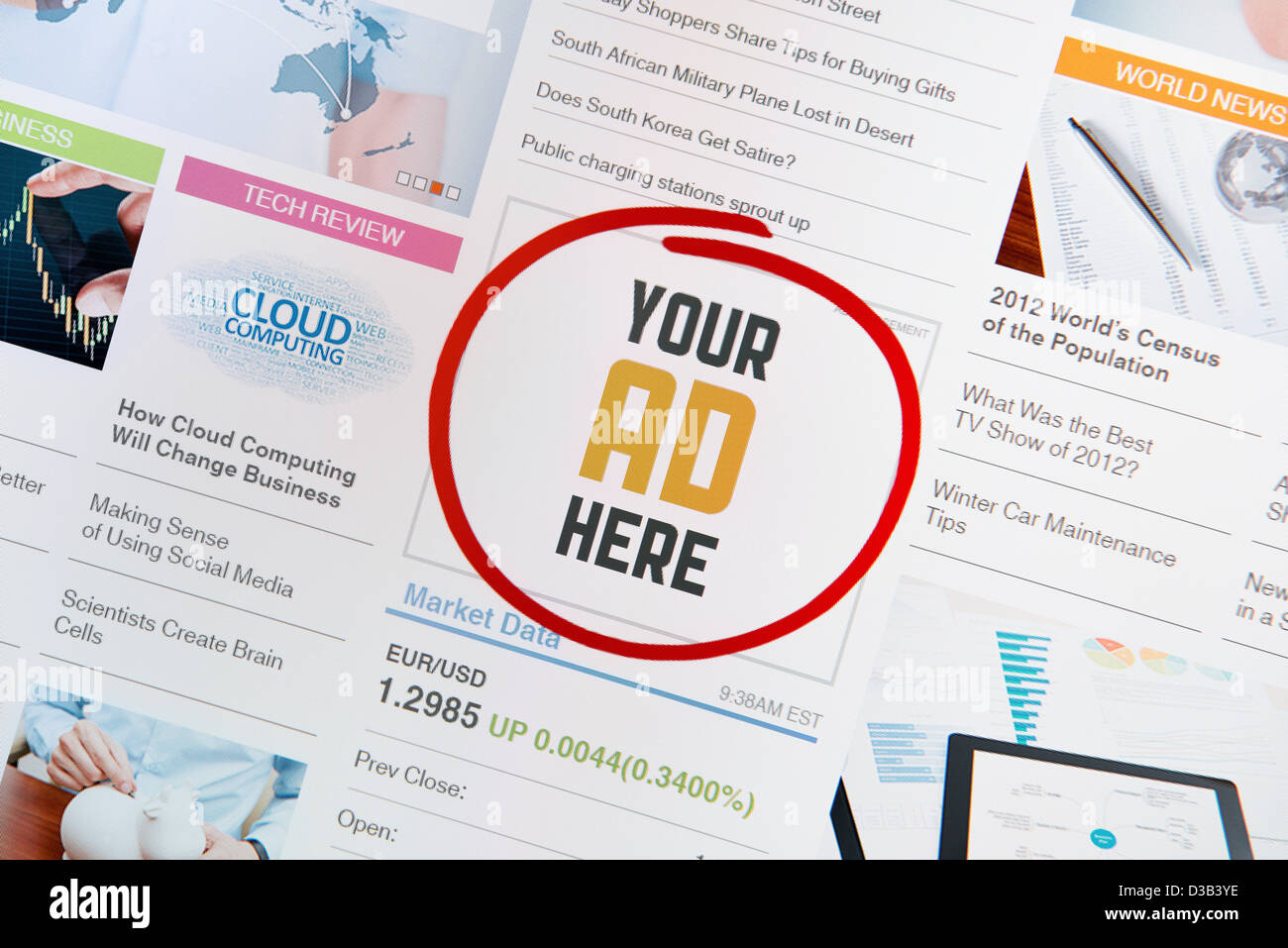 Online internet banner with text 'YOUR AD HERE' on a web page. Stock Photo