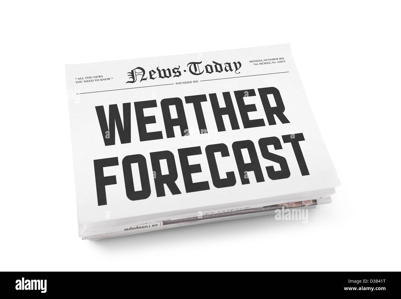 A stack of newspapers with headline 'Weather Forecast' on a front page. Isolated on white. Stock Photo