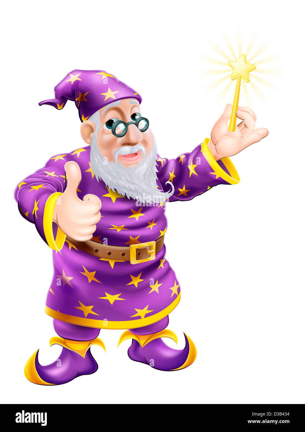 A drawing of a cute friendly old wizard character holding a wand and giving a thumbs up Stock Photo