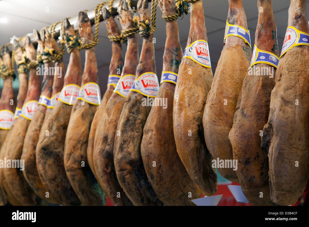 Tapas bar with Jambon (hams) hanging down, Logrono, La Rioja, Spain. Stock Photo
