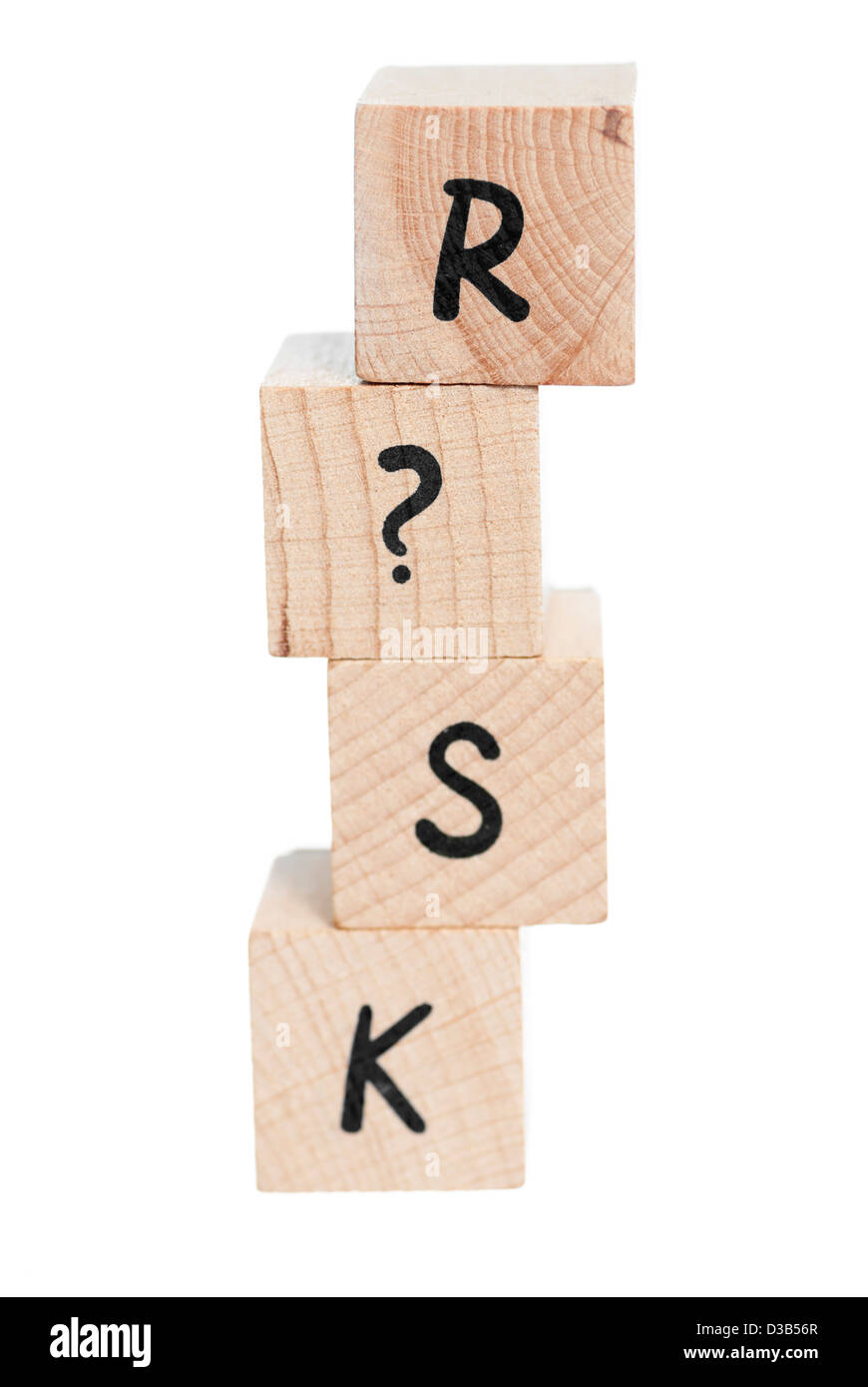 Risk spelt with a question mark. White background. Stock Photo
