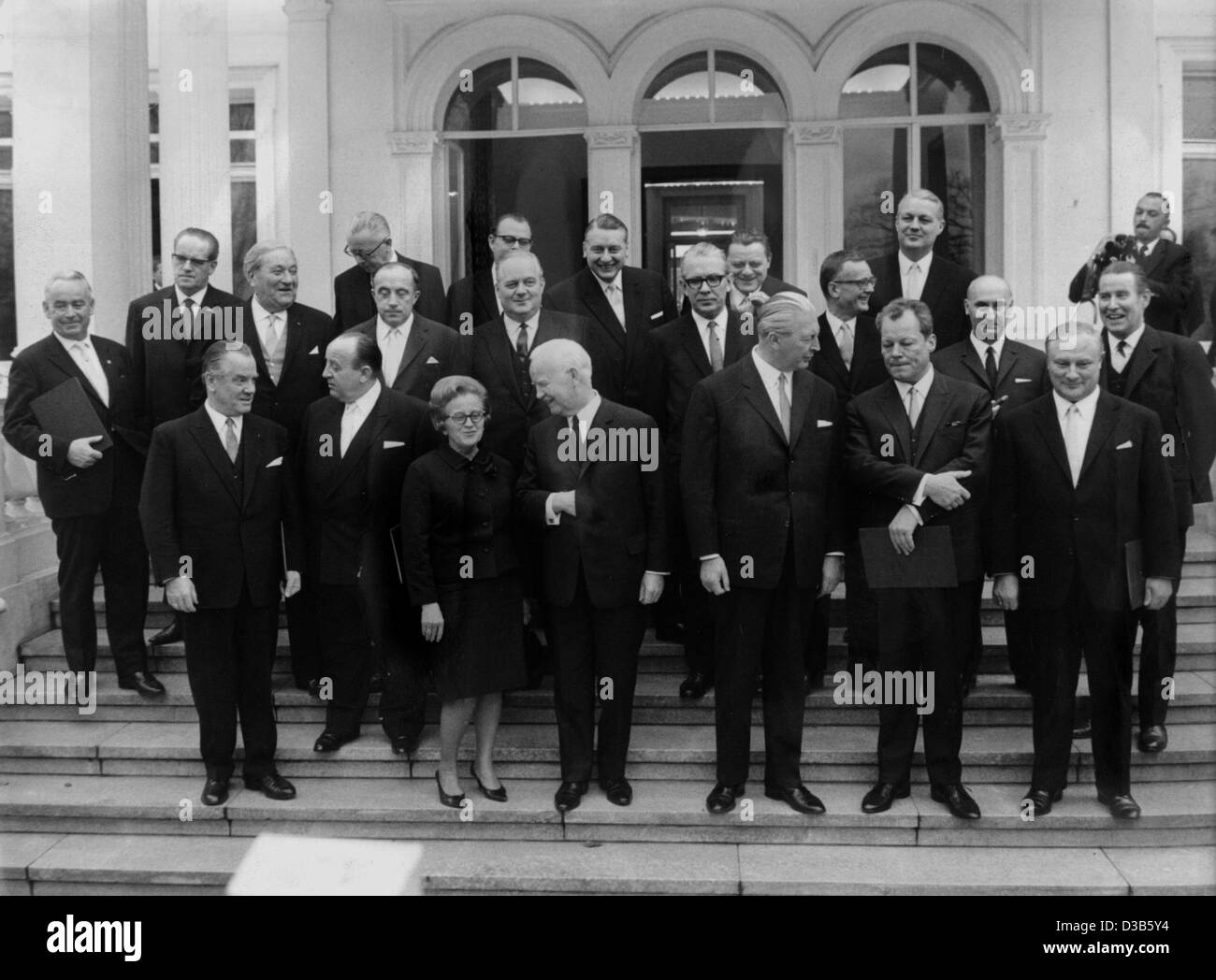 (dpa files) - After they received their certificates of nomination, German Chancellor Kurt Georg Kiesinger poses with the ministers of his cabinet on the stairs of the Villa Hammerschmidt in Bonn, West Germany, 1 December 1966. First row L-R: Paul Luecke (CDU), Hermann Hoecherl (CSU), Kaete Strobel  Stock Photo