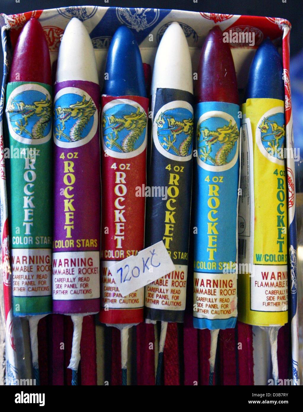 (dpa) - Firecrackers are for sale at a market in Bozi Dar, Czechia, 13 December 2002. The import of fireworks and pyrotechnics from Poland and Czechia to Germany is illegal, as they do not comply with German laws on explosives. Stock Photo