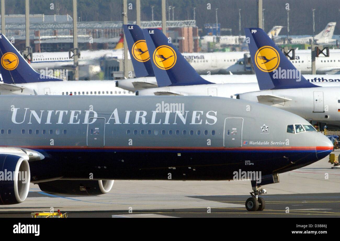 An United Airline jet rolls in front of a few Lufthansa jets at the  Frankfurt airport on 9 December 2002. United Airlines declared it's  insolvency on 9 December 2002, which makes it