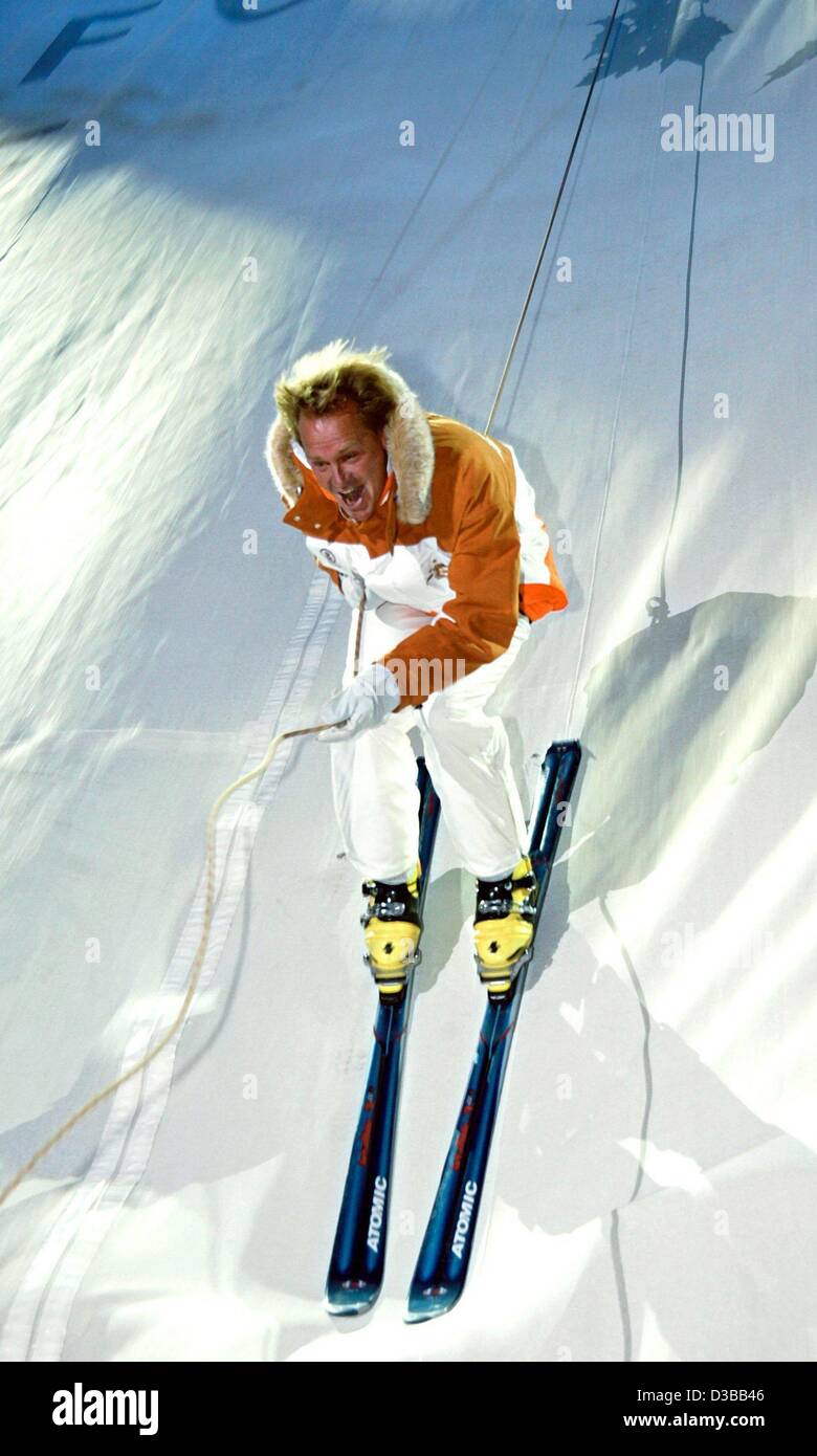 (dpa) - Former alpine skier Markus Wasmeier from Germany races down an artifical slope in Berlin, 4 October 2002. The performance was part of a PR event for the fashion company Bogner. Stock Photo