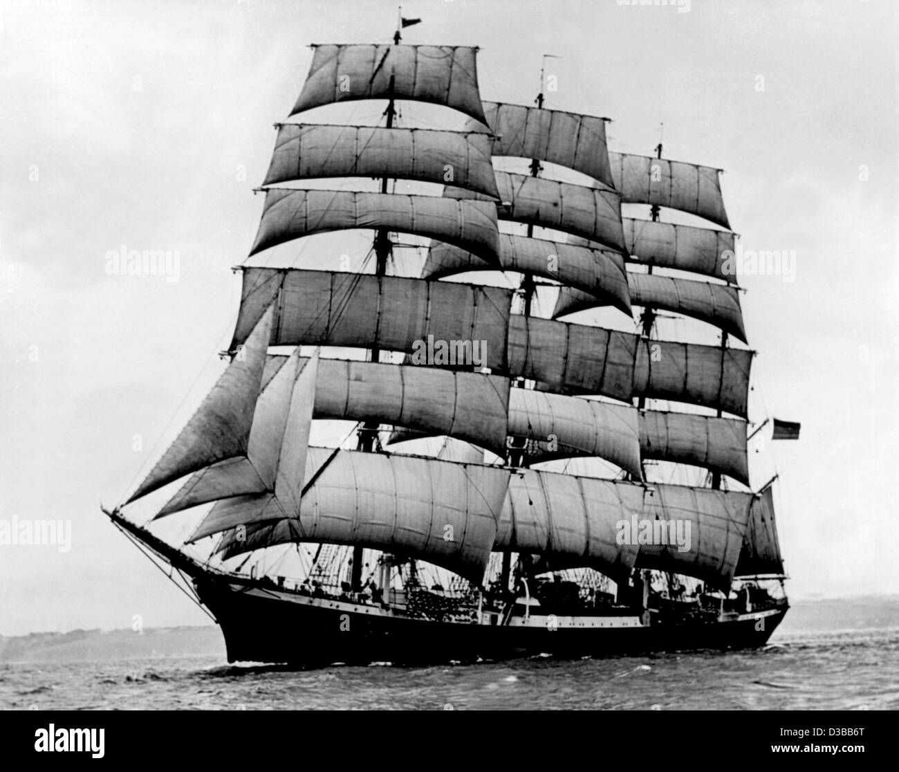 (dpa files) - An undated filer shows the four masted sailing boat 'Pamir' in Hamburg. 80 of the 86 seamen perished when the sailing ship used for training sank 21 September 1957 in a hurricane 600 nautical miles southwest of the Azores. Stock Photo