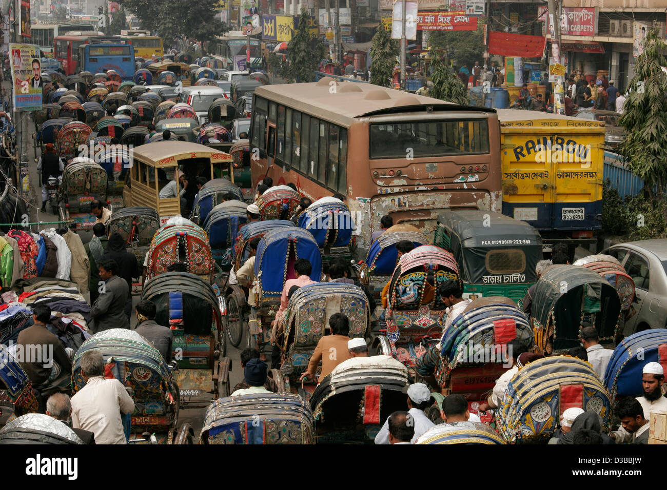 Rickshaw traffic jam on the street of Dhaka, Bangladesh Stock Photo