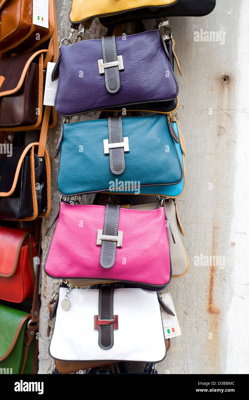 Leather handbags on sale Stock Photo