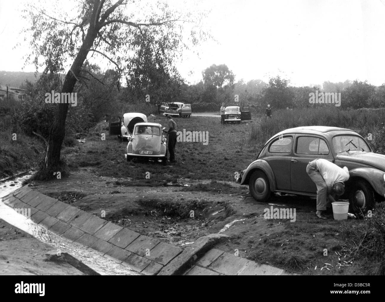 (dpa files) - Numerous car owners meet in the floodplains to scrub their cars, near Frankfurt, West Germany, October 1958. Stock Photo