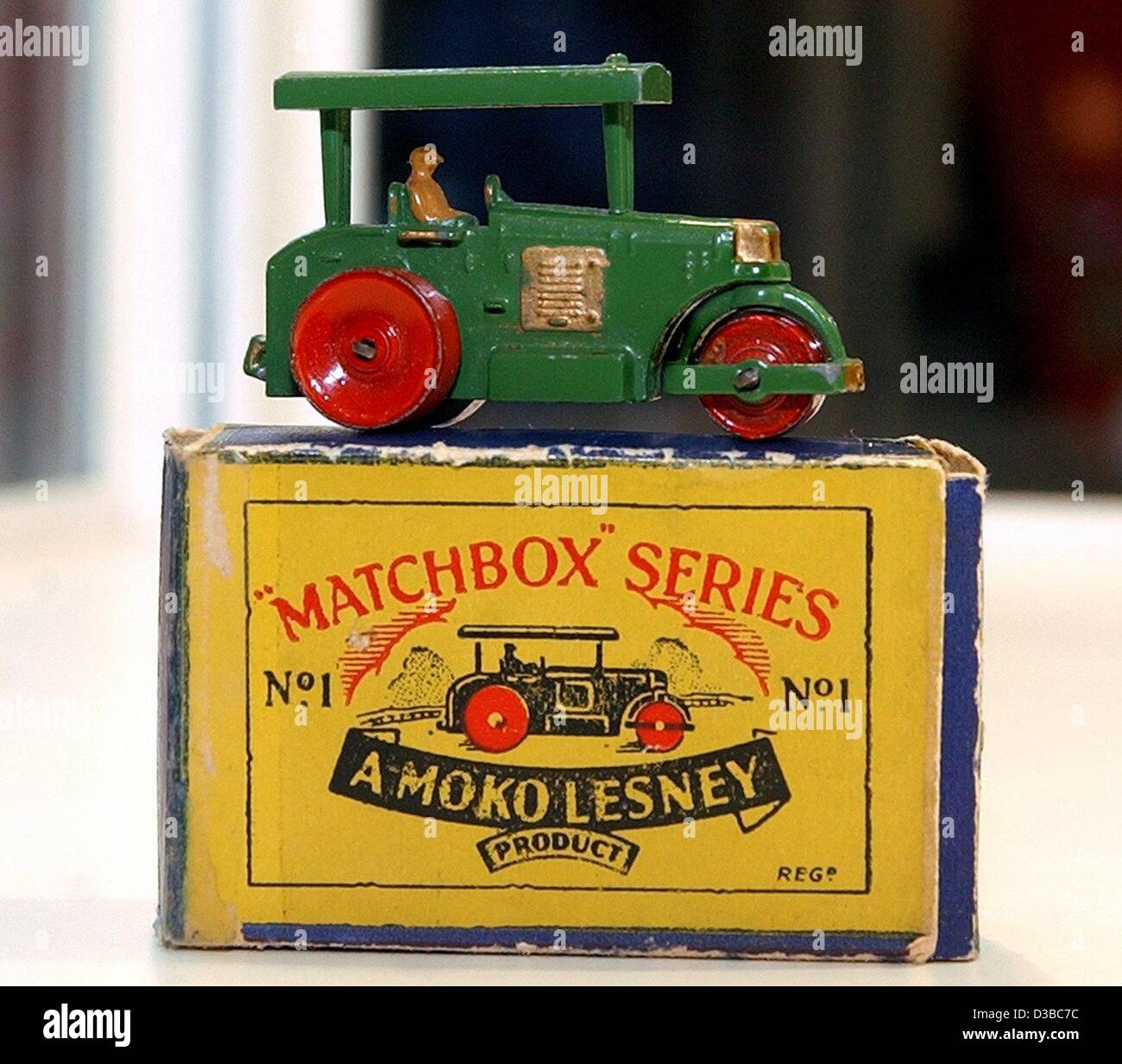 dpa) - The first Matchbox car, a little steamroller from 1953, is presented  at the fair 'Modell and Hobby' in Leipzig, 11 October 2002. A special  exhibition on the occasion of Matchbox's