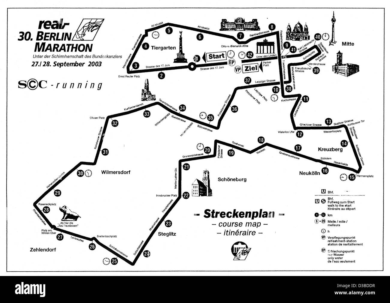 (dpa) - The sketch depicts the marathon route for the 30th Berlin marathon, which will take place in downtown Berlin on 27 and 28 September 2003.  The race will start near the Siegessaeule (victory column) and finish near the Brandenburg Gate.  For the first time, the race will be held over the cour Stock Photo