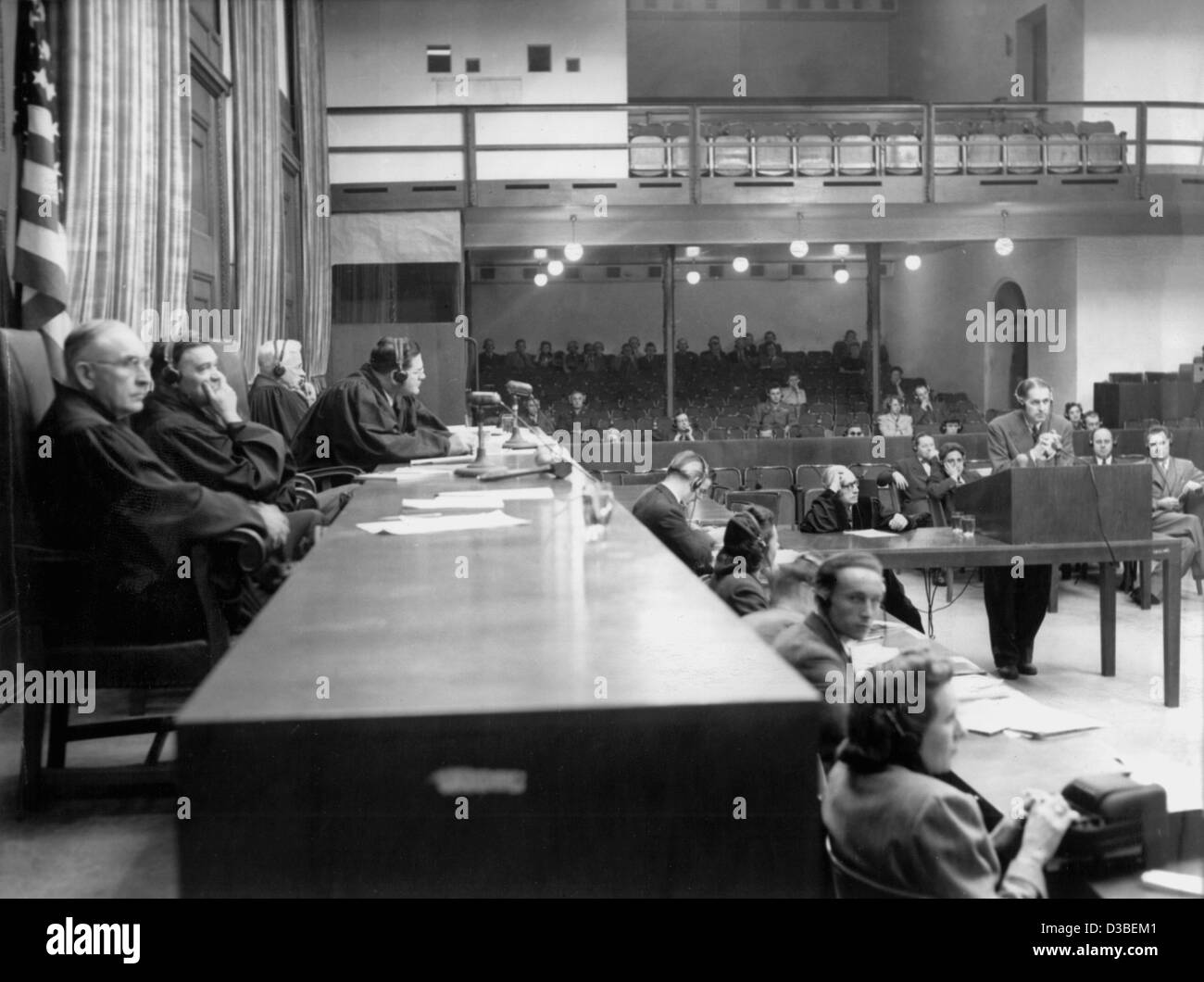 (dpa files) - The US judges (from L:) James Morris, Curtis Shake, Paul M. Herbert and Clarence K. Merrell during the Nuremberg Trials at the US military court in Nuremberg, Germany, 2 October 1947. On 14 August 1947 the trial against 23 directors of the IG Farben corporation started. They were accus Stock Photo