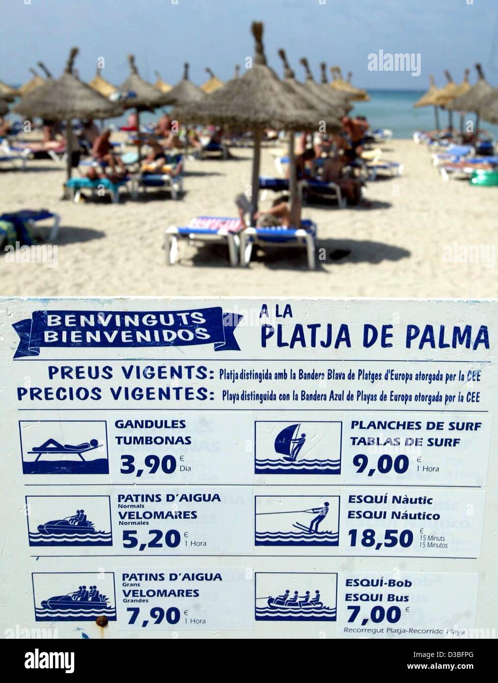 (dpa) A price board indicates the prices for various water sports in