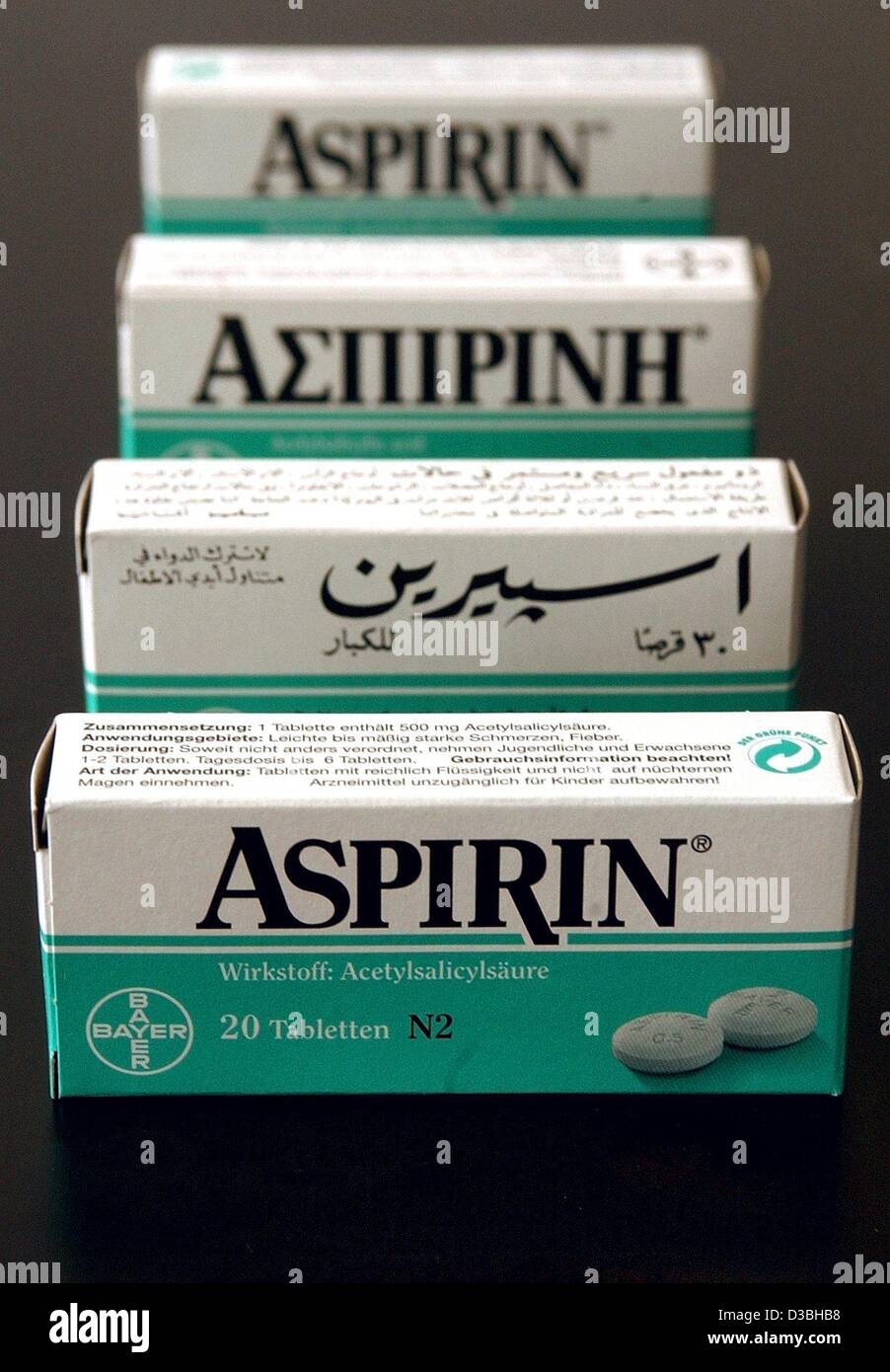 dpa) - Aspirin packages in different languages (German, Arabic, Greek,  English) are pictured at the Bayer AG facility in Bitterfeld, Germany, 26  May 2003 Stock Photo - Alamy