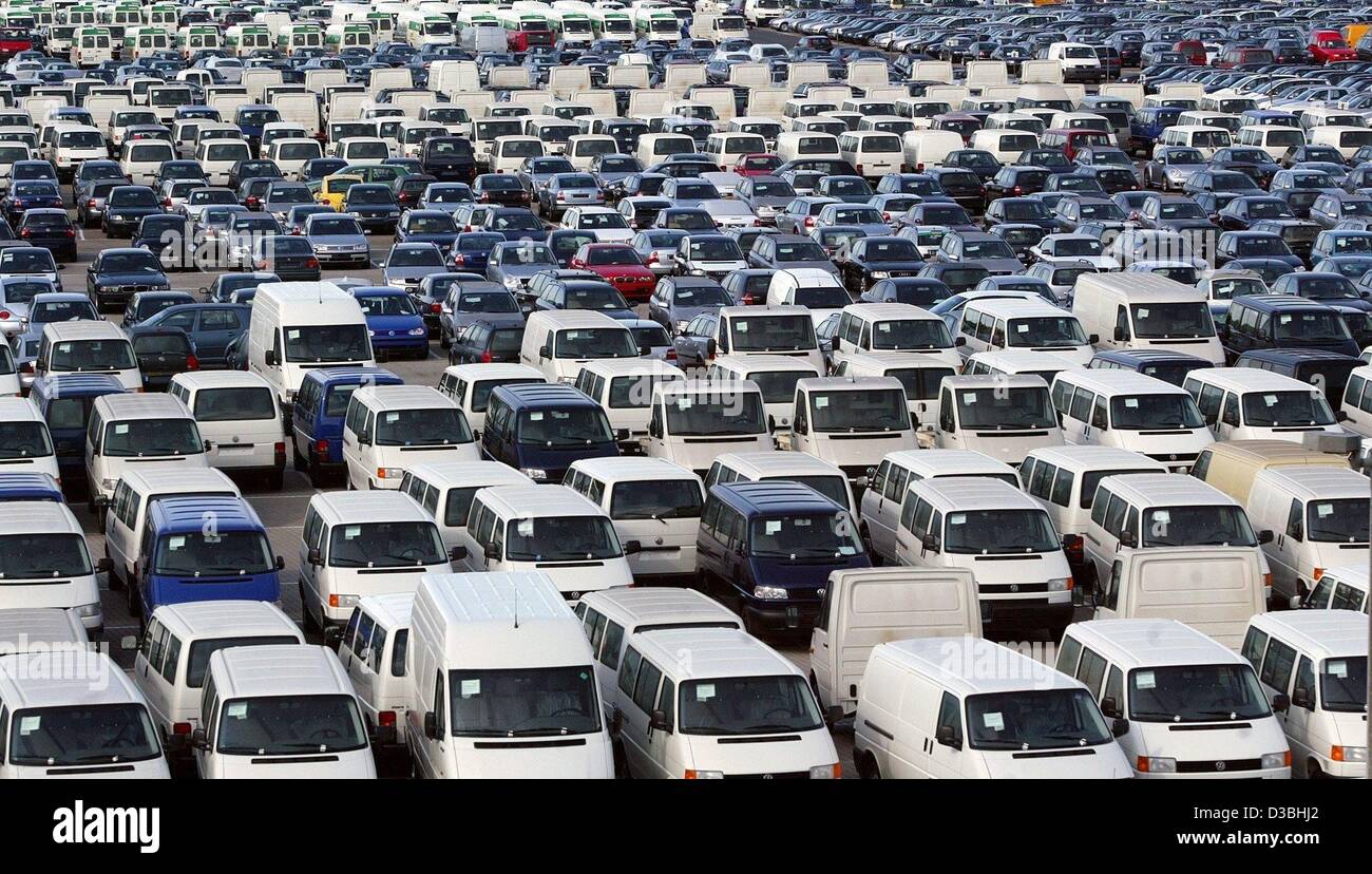 (dpa) - Cars 'made in Germany' are parked on the lot of the Richard Lawson Auto Logistic company in Lehrte, Germany, 7 May 2003. According to the German Statistical Office, exports to the United States have immensely increased in 2002 and mainly contributed to set a new record in the German foreign  Stock Photo