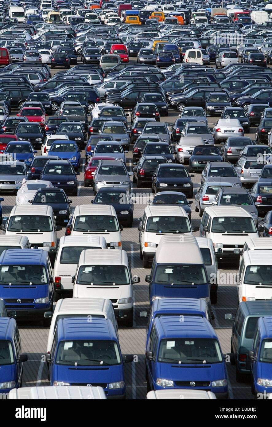 (dpa) - Cars 'made in Germany' are parked on the lot of the Richard Lawson Auto Logistic company in Lehrte, Germany, 7 May 2003. According to the German Statistical Office, exports to the United States have immensely increased in 2002 and mainly contributed to set a new record in the German foreign  Stock Photo