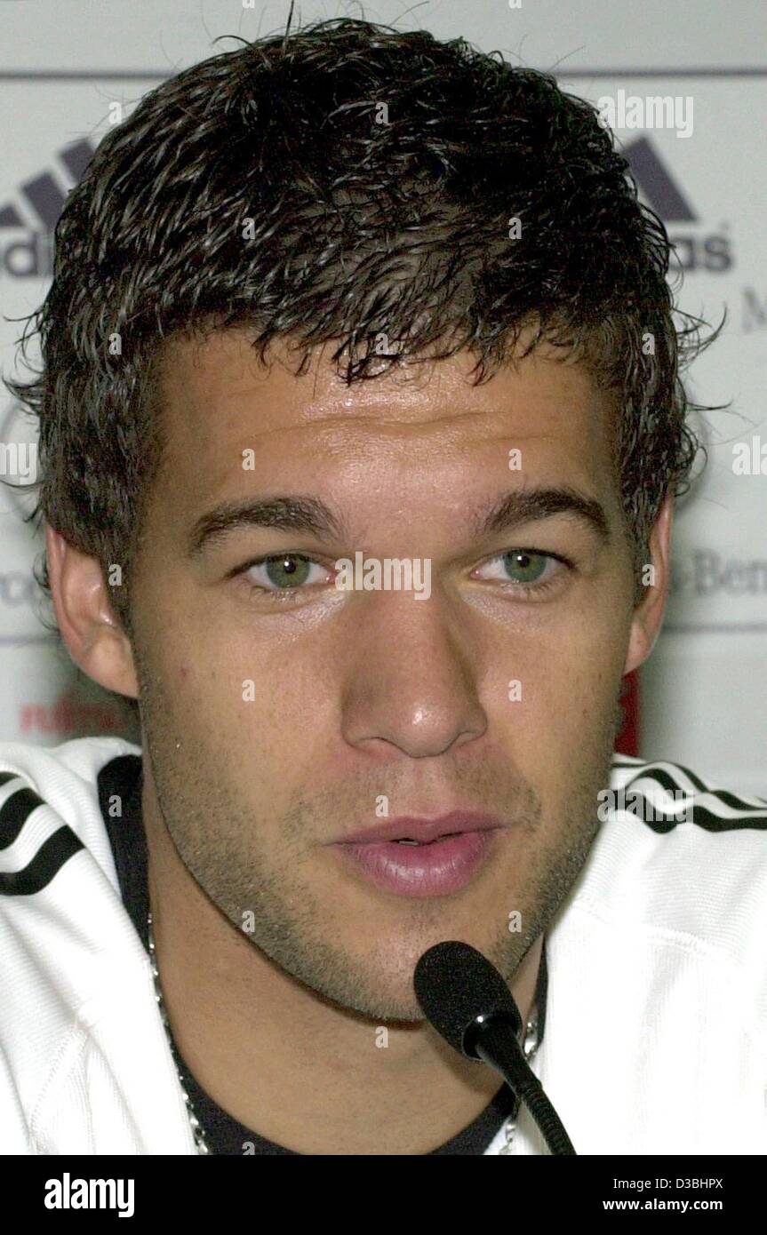 (dpa) - German midfielder Michael Ballack speaks during a press conference in Wolfsburg, Germany, 3 June 2003. The German national soccer team prepares for the European Championship qualifying games in Scotland and the Faeroer Islands. Stock Photo
