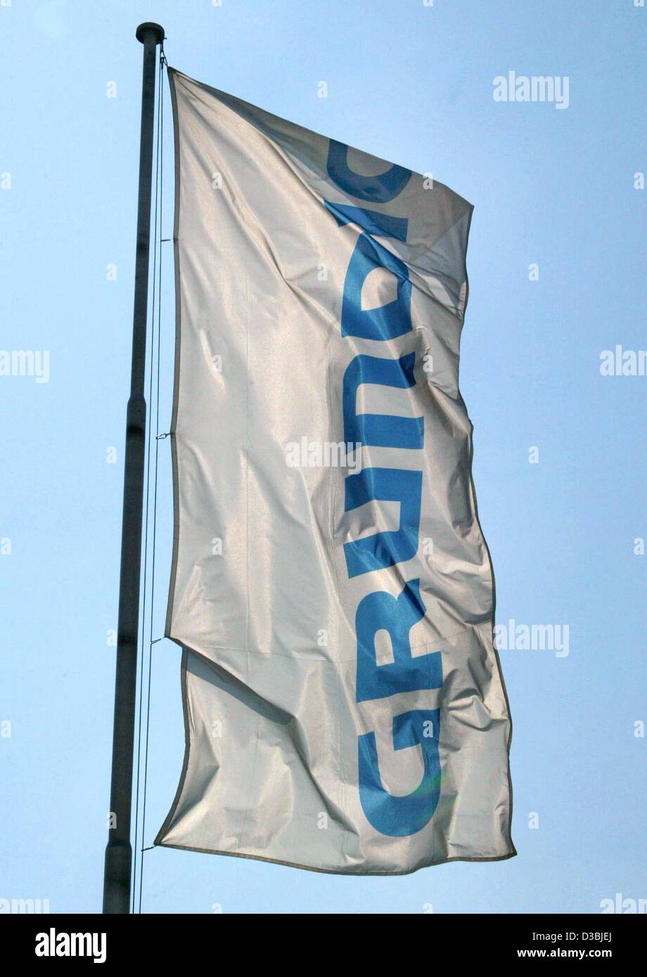 (dpa) - A Grundig flag pictured at the headquarters of the electronics company in Nuremberg, Germany, 14 April 2003. Grundig, a company that was once a byword for the German economic miracle, filed for insolvency on 14 April after two potential foreign buyers had walked away from it. In the mid-1950 Stock Photo