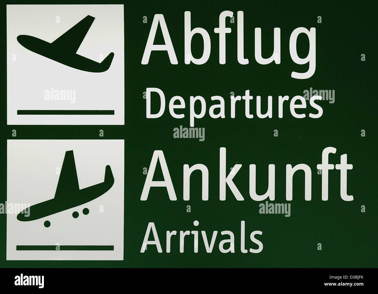 (dpa) - Signs indicate the departures and arrivals at the airport in Duesseldorf, Germany, 26 May 2003. The number of passengers flying from German airports rose by one million, or 5.4 per cent, to 15 million in the first quarter of 2003, with domestic discount travel chiefly accounting for the rise Stock Photo