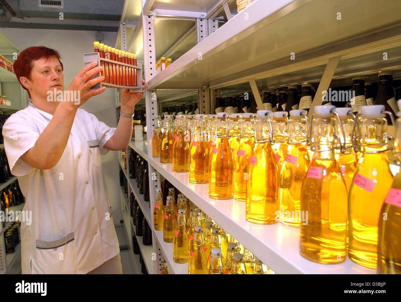 (dpa) - Employee Brigitte Mittag checks the quality of beer samples at the Radeberger export beer brewery in Radeberg, eastern Germany, 15 April 2003. The traditional brewery was founded in 1872, and again was newly founded after the German reunification in 1990. Stock Photo