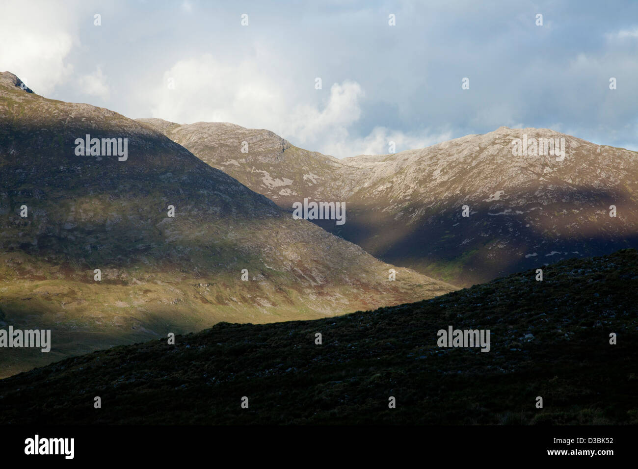 Interlocking ridges of the Maumturk Mountains, Connemara, County Galway, Ireland. Stock Photo