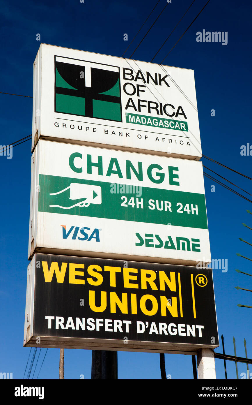 Madagascar, Ambositra, Bank of Africa, Change and Western Union banking signs Stock Photo