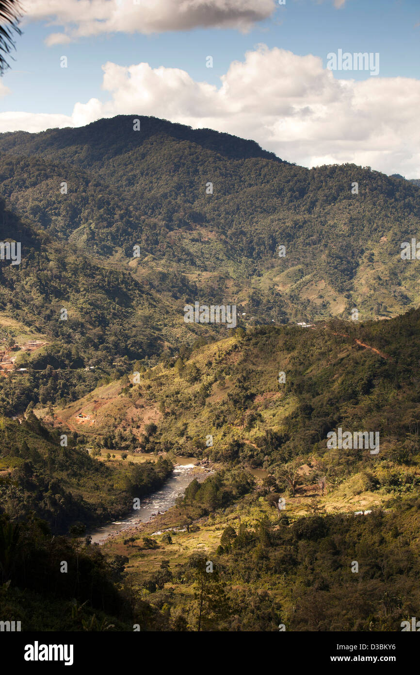 Madagascar, Ranomafana National Park, Namorona River flowing through deforested hills Stock Photo