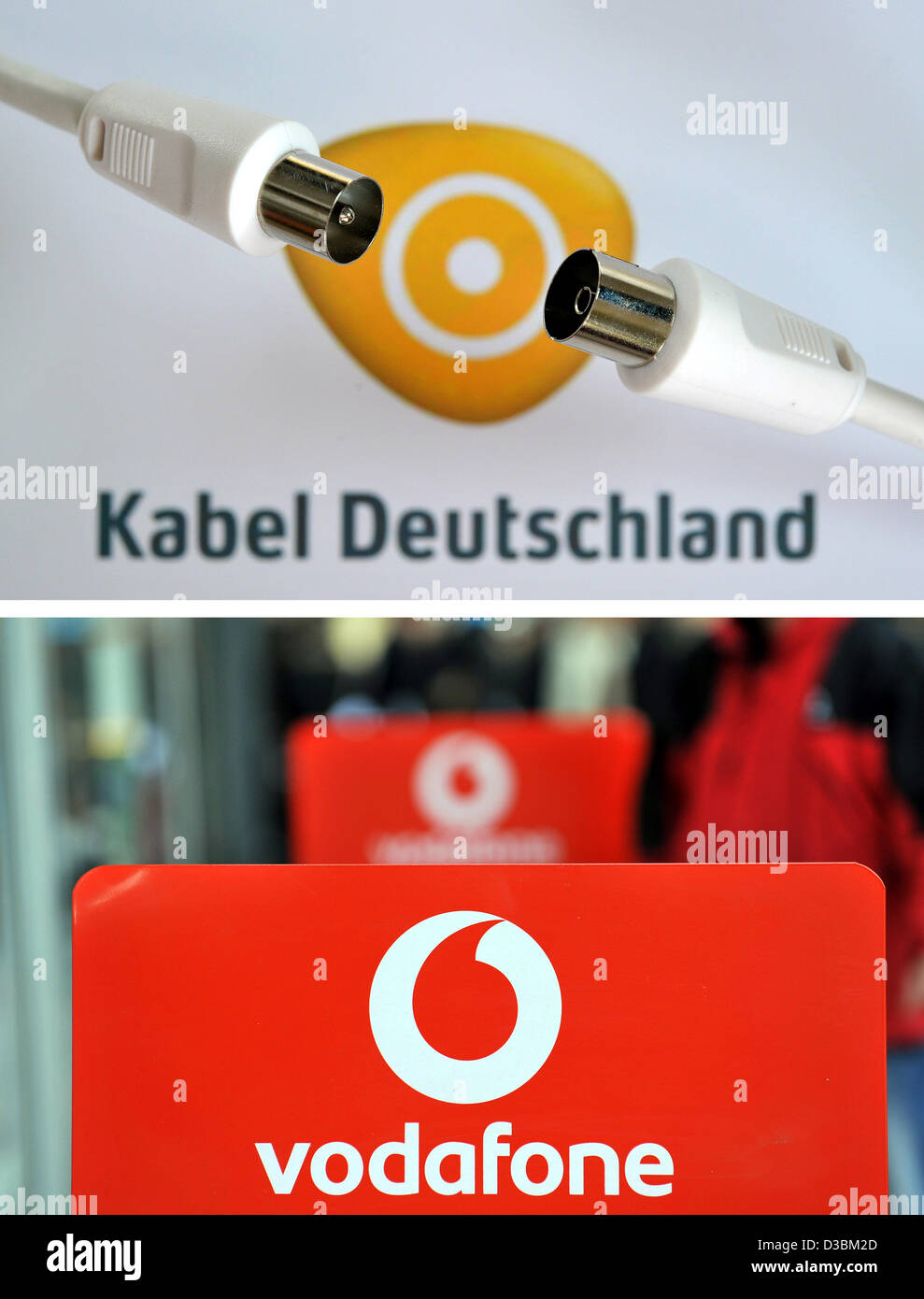 KOMBO - FILE - ILLUSTRATION - A file composite photo shows an antennae  connection cable (TOP) sitting on a logo of the cable network operator Kabel  Deutschland in Bamberg, Germany, 10 June