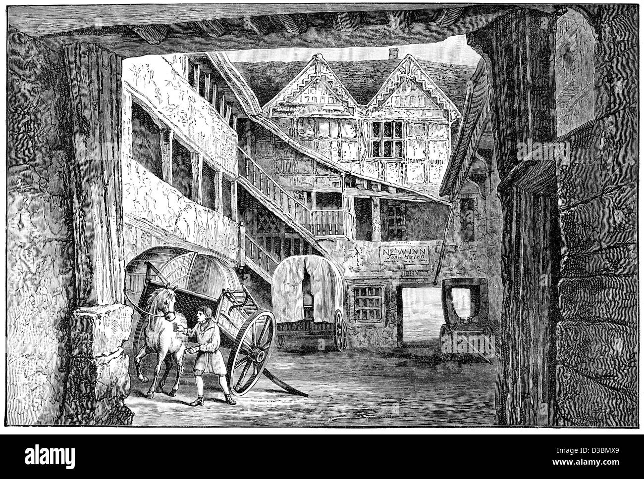Vintage engraving of The New Inn, Gloucester built 1450 to 1457 for pilgrims to the Tomb of King Edward II Stock Photo