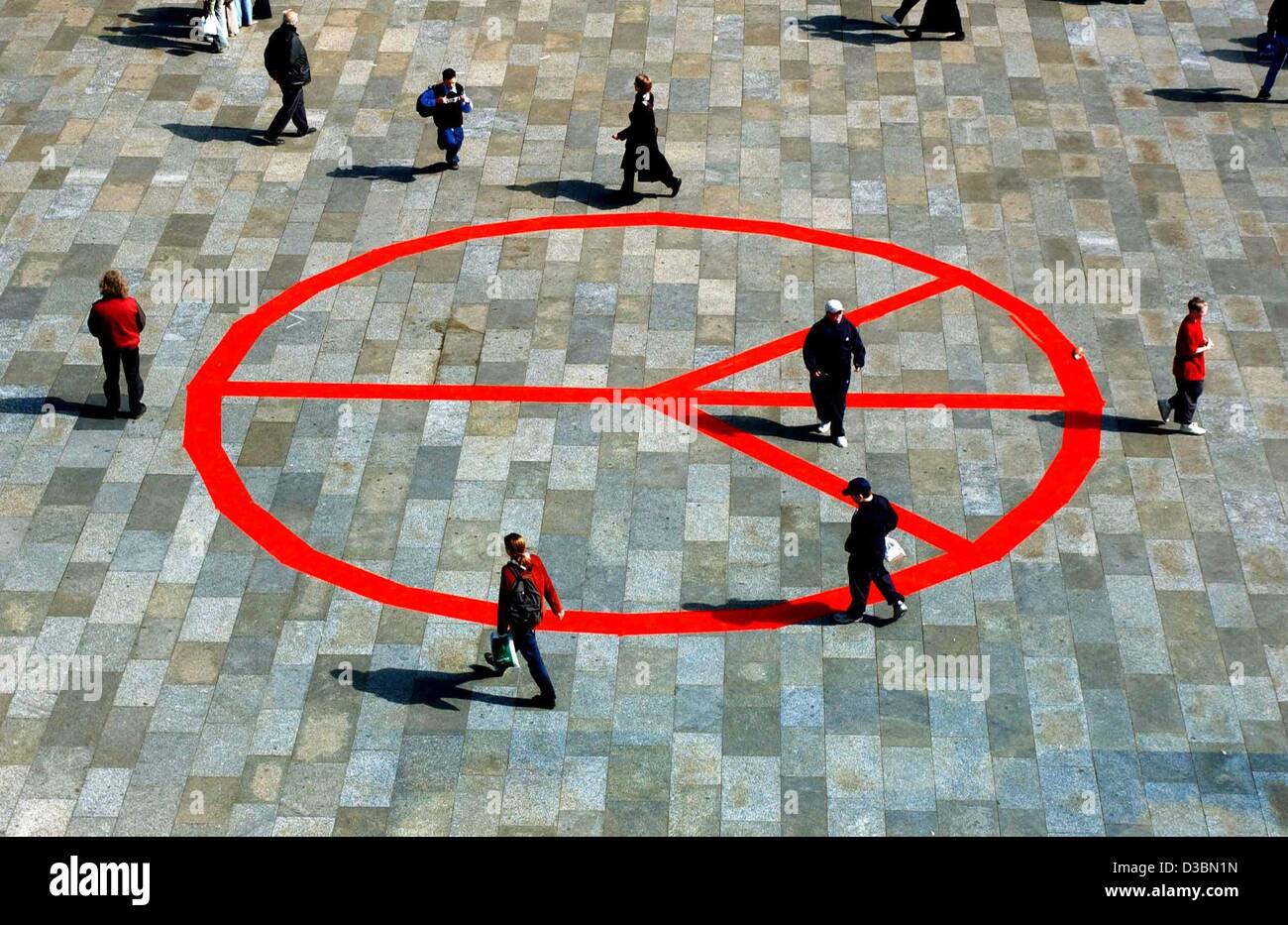 (dpa) - Peace activists have painted a large peace symbole in red paint across a central market square in front of the Cologne cathedrale in Cologne, Germany, 4 April 2003. The action is a sign of protest against the war with Iraq. Stock Photo
