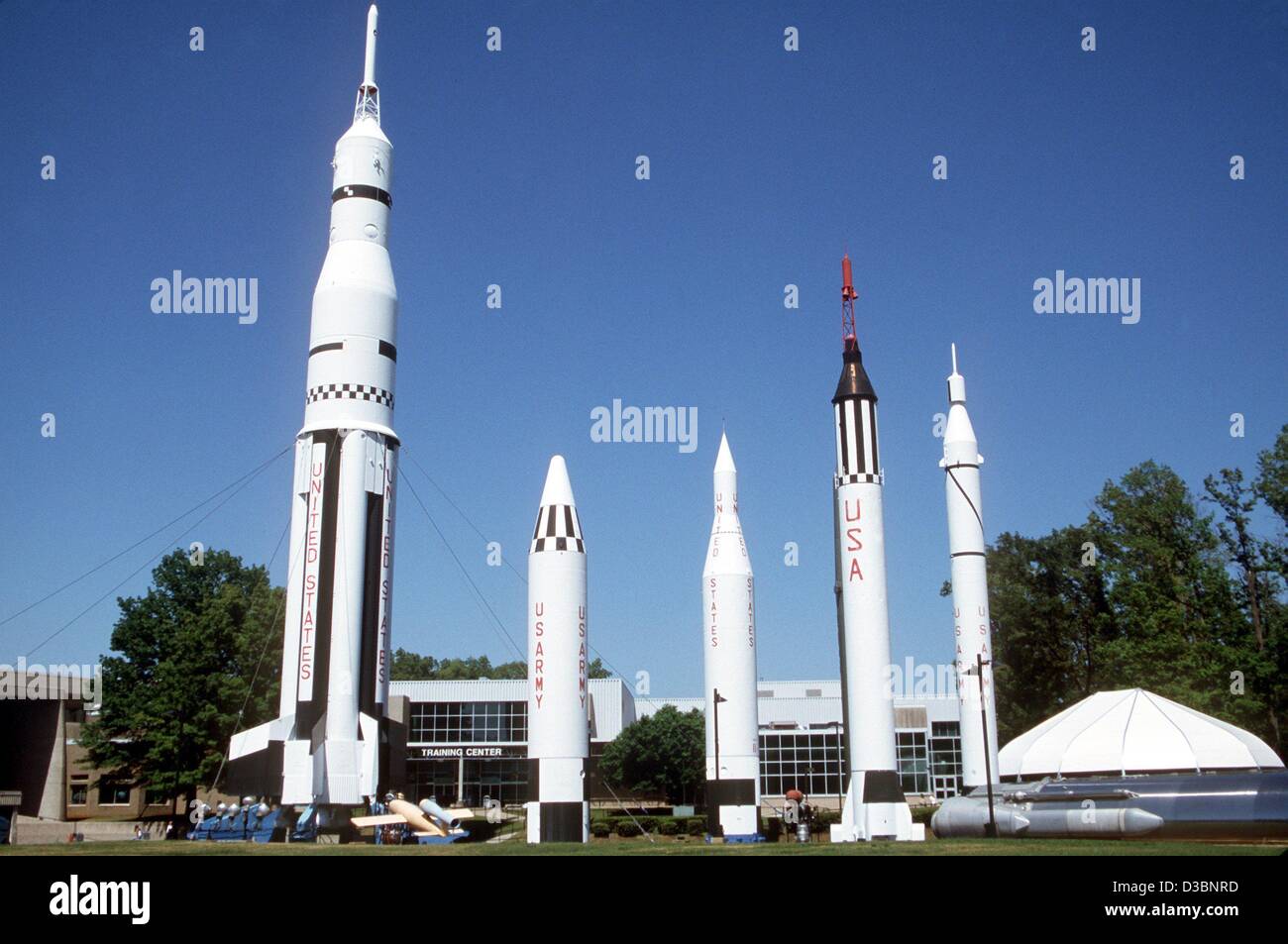 (dpa files) - Different types of rockets and missiles of NASA and the US army stand in front of the NASA space flight centre in Huntsville, Alabama/USA, 2001. Stock Photo