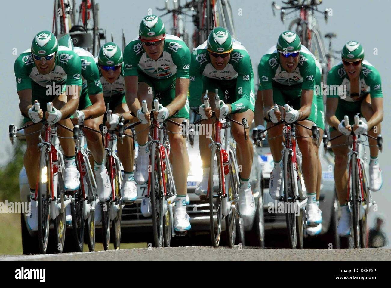(dpa) - The Team Credit Agricole is cycling next to each other during the fourth stage of the Tour de France, 9 July 2003. The fourth stage led from Joinville to Saint Dizier over a distance of 69 km. Stock Photo