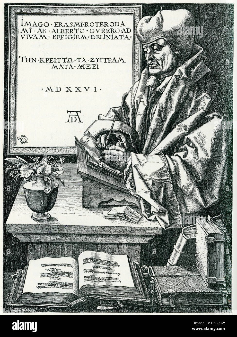 Vintage engraving after Albert Durer of Desiderius Erasmus, 1466 to 1536, known as Erasmus of Rotterdam Stock Photo