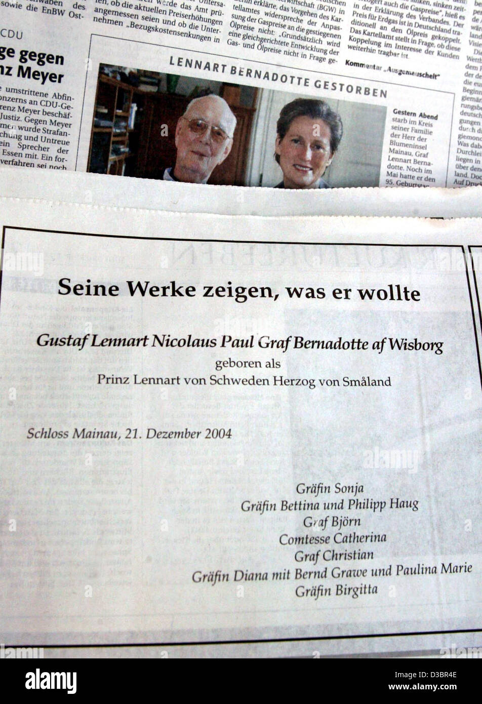(dpa) - The obituary for Count Lennart Bernadotte can be seen in the Konstanz Suedkurier newspaper on the Island of Mainau in Lake Constance, Germany, 22 December 2004. Count Lennart Bernadotte, lord of the 'flower island' of Mainau in Germany's warm Lake Constance, died on 21 December 2004 at age 9 Stock Photo