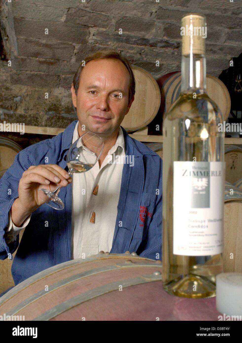 (dpa) - Wine grower Friedrich Zimmerle presents a bottle of transparent white wine made from red Trollinger grapes, in Korb, southern Germany, 10 September 2003. This unique wine creation, which is created by an untypical pressing and fermenting of the Trollinger grapes, is against all traditions of Stock Photo