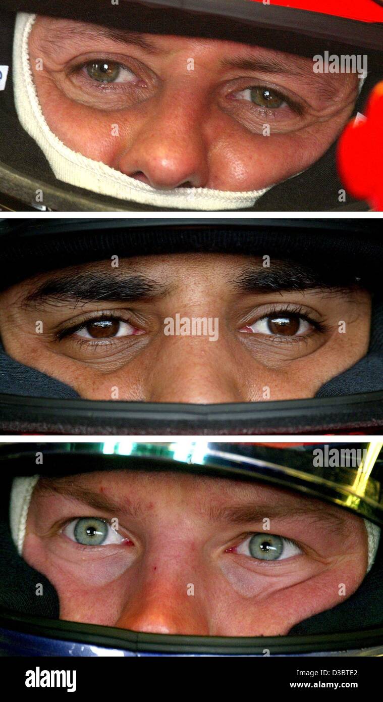 (dpa) - The combo shows the eyes of the leading formula one pilots, from top: German world champion Michael Schumacher of Ferrari, Colombian Juan Pablo Montoya of BMW-Williams, and Finland's Kimi Raeikkoenen of McLaren-Mercedes, pictured during the free training at the race track in Monza, Italy, 13 Stock Photo