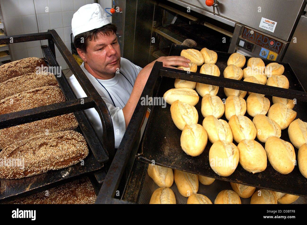 (dpa) - Baker Uwe Badel pushes a cart with baking trays of freshly baked bread rolls, in his bakery in Tramm, Germany, 10 September 2003. Stock Photo