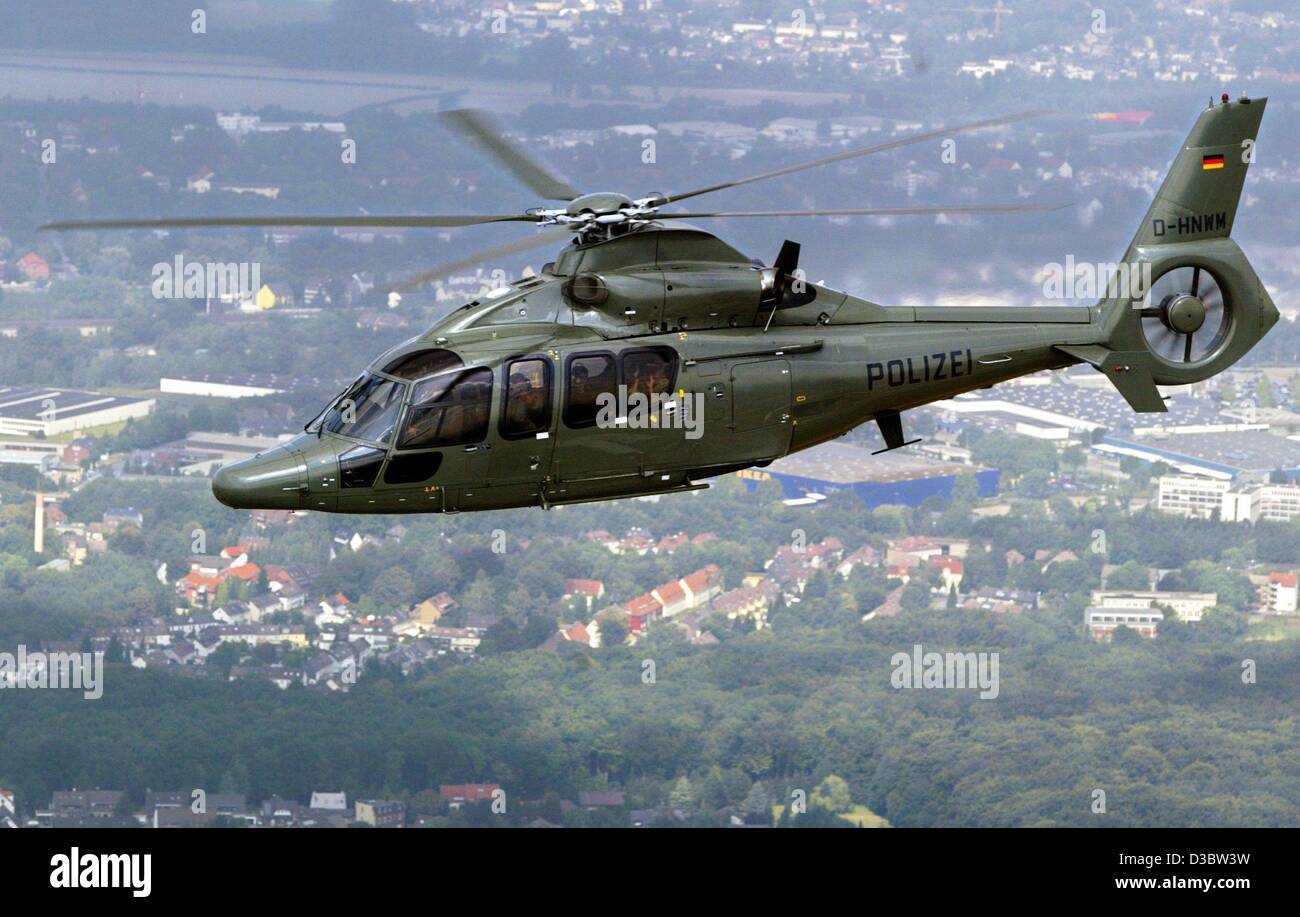 (dpa) - One of the two new high-tech helicopters type EC 155 of the police in the state of North Rhine Westphalia, flies over Dortmund, Germany, 3 September 2003. Stock Photo