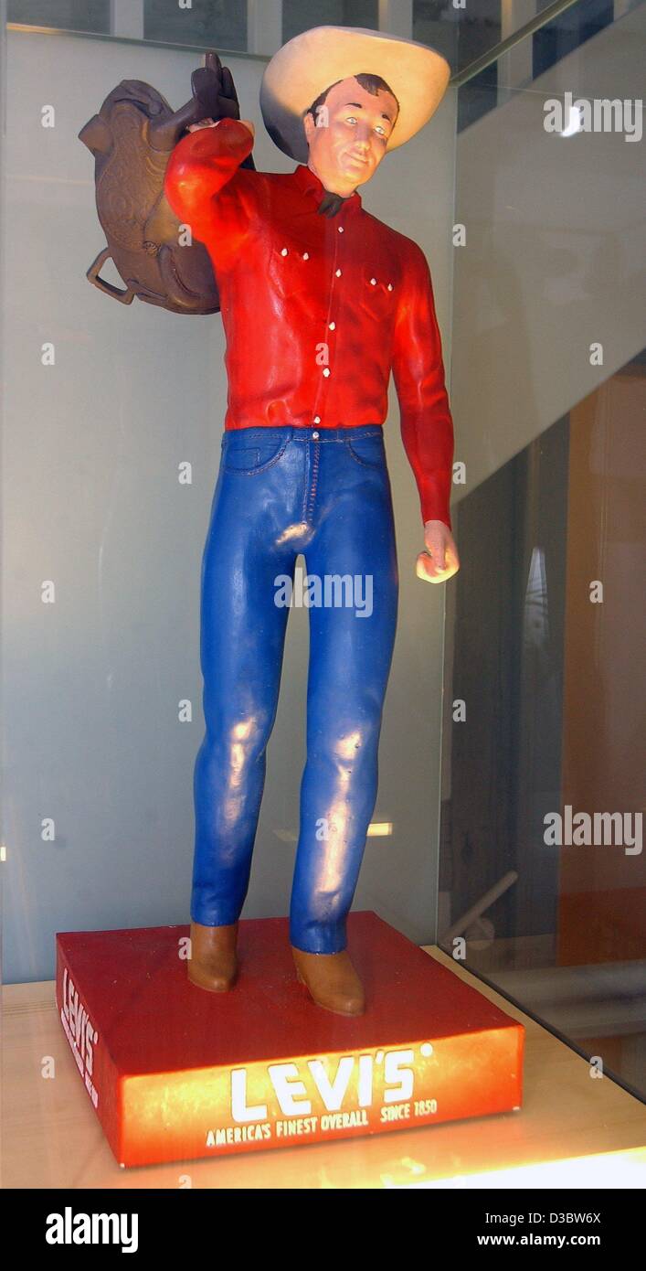 dpa) - The advertising figure of the Levi's cowboy is exhibited at the  birth place of Levi Strauss in Buttenheim, Germany, 20 August 2003. A  museum was opened at the birth place