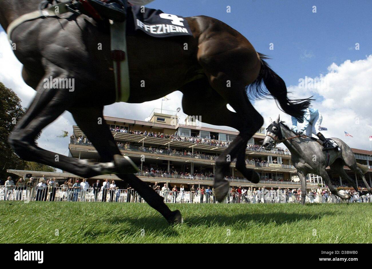 (dpa) - Two horses pass the old grandstand at the gallop race track in Iffezheim, Germany, 31 August 2003. The six-day gallop race in Iffezheim is among the most important horse racing events in Germany. Stock Photo