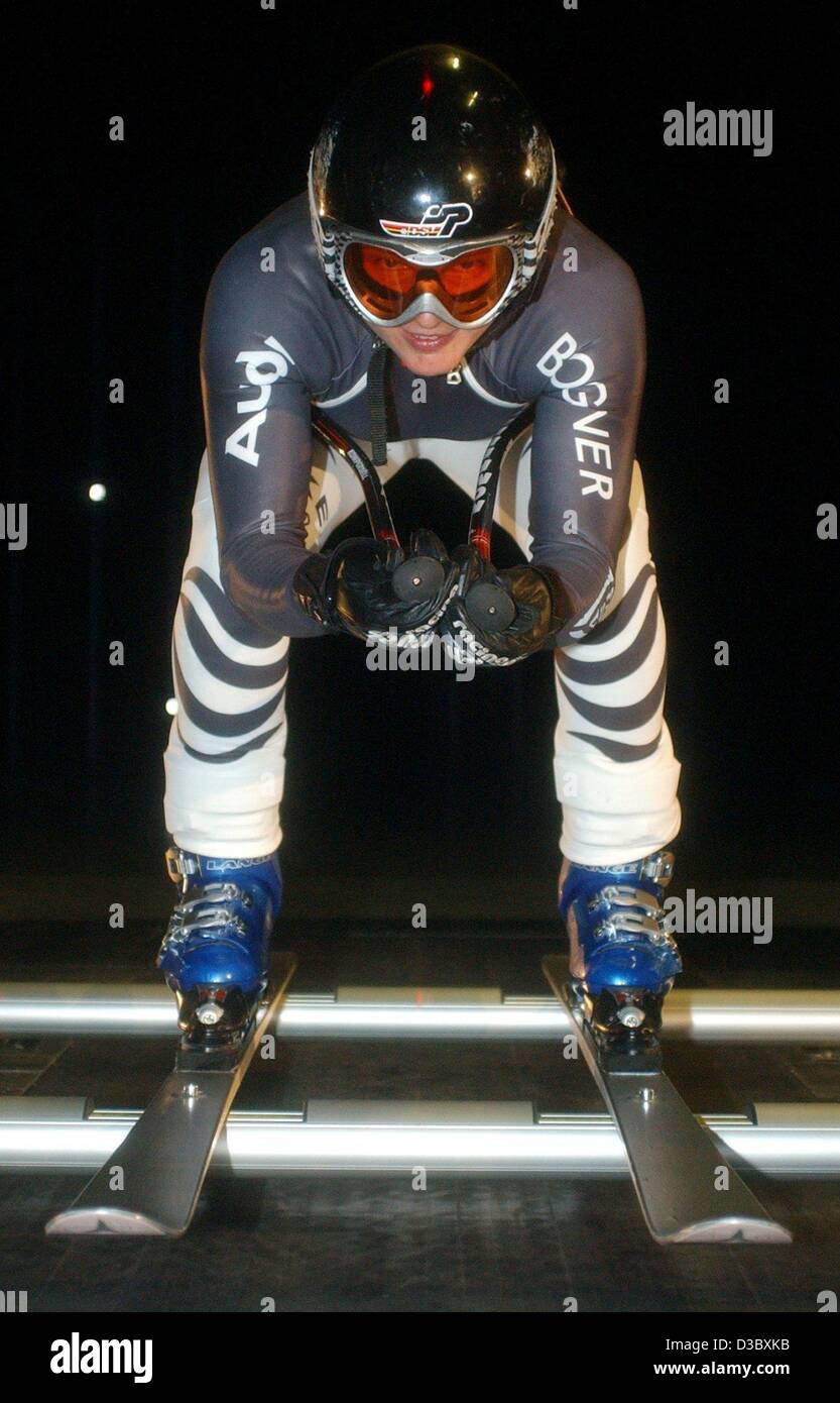 (dpa) - German skier Hilde Gerg takes part in aerodynamic tests in the wind tunnel of car maker Audi in Ingolstadt, Germany, 4 August 2003. Stock Photo