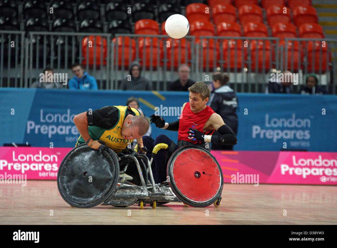 Steve Brown of GB v Ryley Batt of Australia in the wheelchair rugby at the basketball arena in the Olympic park Stratford. Stock Photo